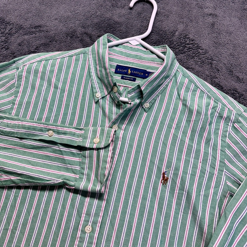 Ralph Lauren Button Down Shirt Mens Medium Green Striped Classic Fit Flesh Pony